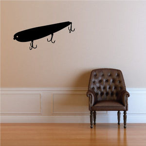 Fishing lure wall decal, black minnow shape with three treble hooks