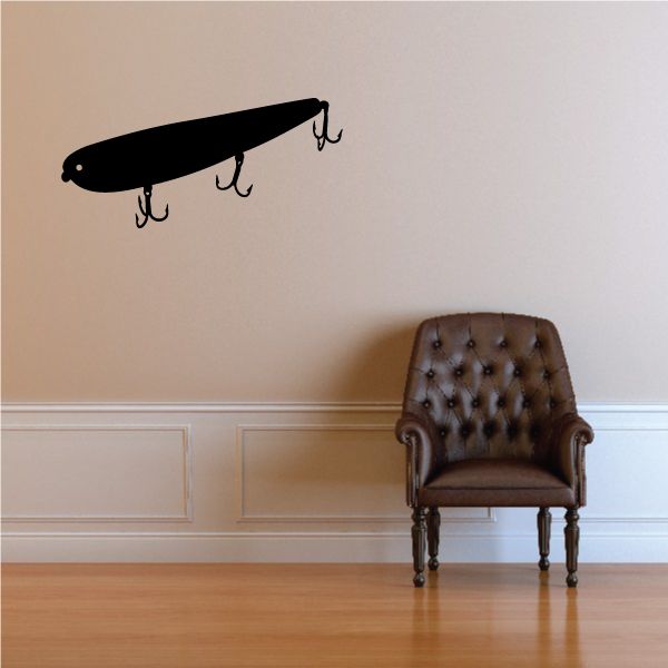 Fishing lure wall decal, black minnow shape with three treble hooks