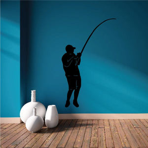 Fishing lure wall decal of fisherman silhouette holding fishing rod