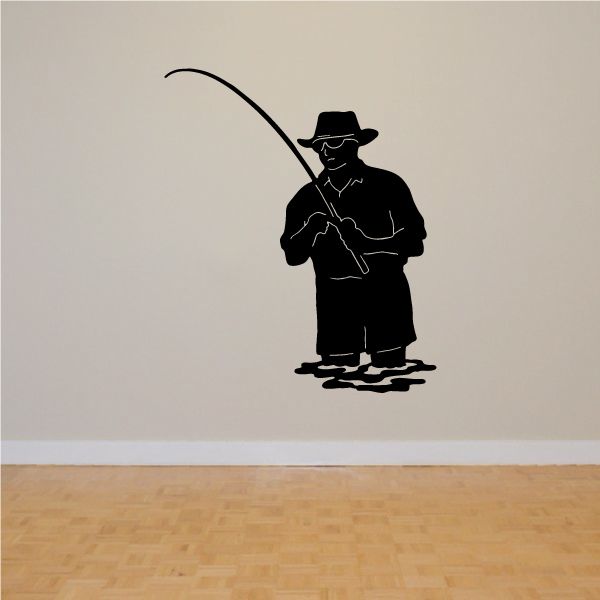 Fishing wall decal of a black fisherman silhouette holding a fishing rod