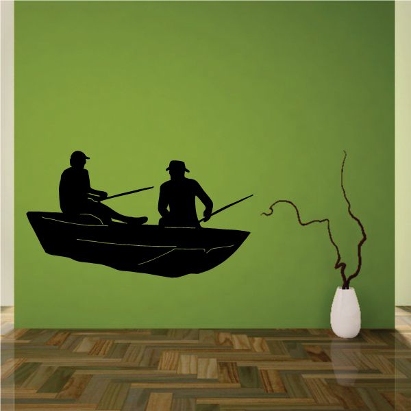 Fishing lures wall decal: black silhouettes of two anglers in a boat with fishing rods