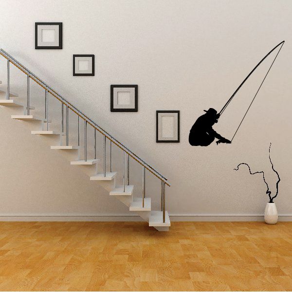 Fishing lure wall decal with black fishing rod and wavy line, vinyl