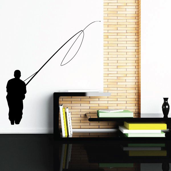 Fishing lure wall decal vinyl: fishing rod with line and angler silhouette