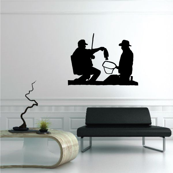 Fishing lures wall decal vinyl showing two anglers silhouette at fishing rod