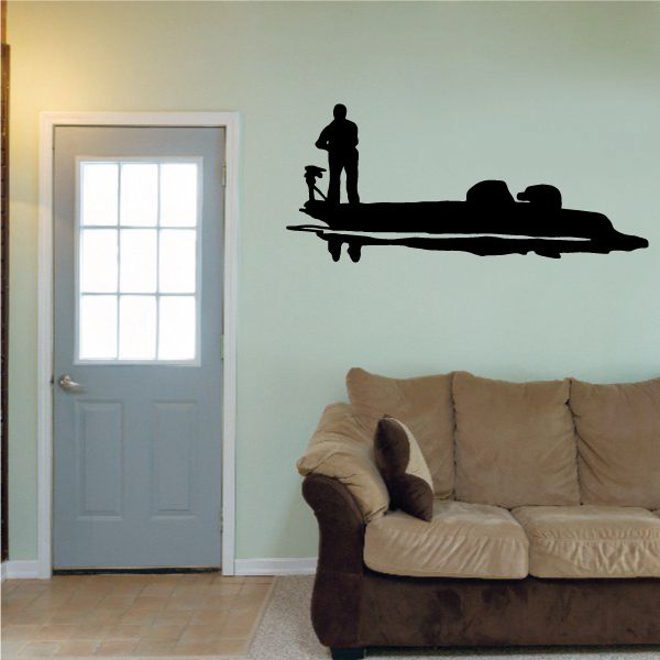 Fisherman on boat wall decal, black vinyl silhouette
