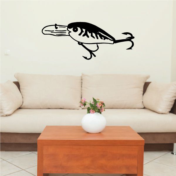 Fishing lure wall decal: black and white crankbait with open mouth and hooks