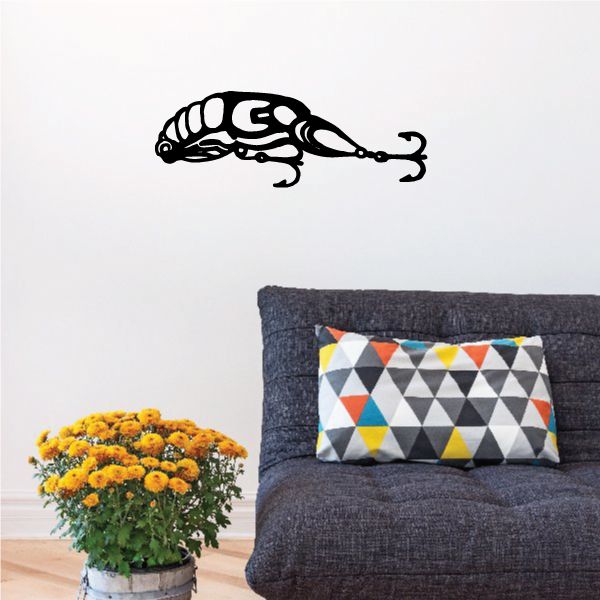 Fishing lure wall decal, black vinyl sticker silhouette with fishing hook and line.