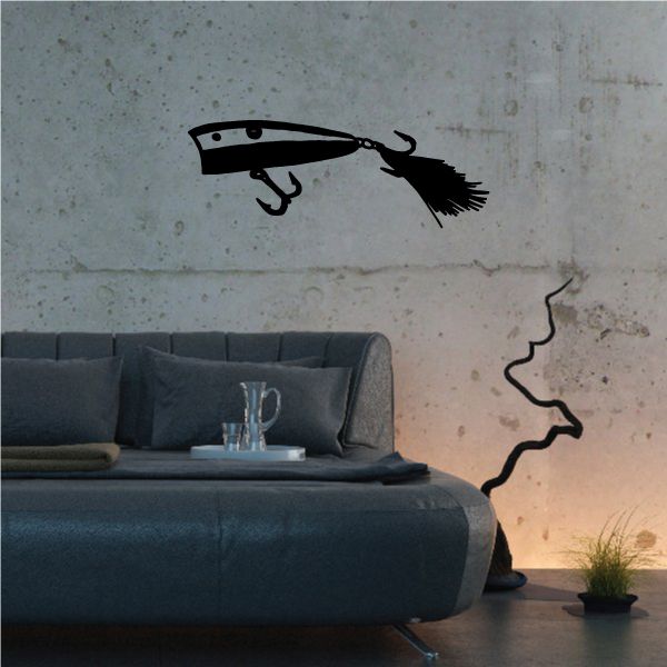 Black fishing lure wall decal with treble hook and tail fins