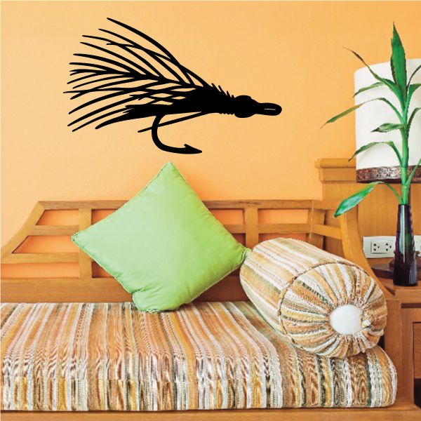 Fishing lure wall decal, black fly hook silhouette vinyl sticker