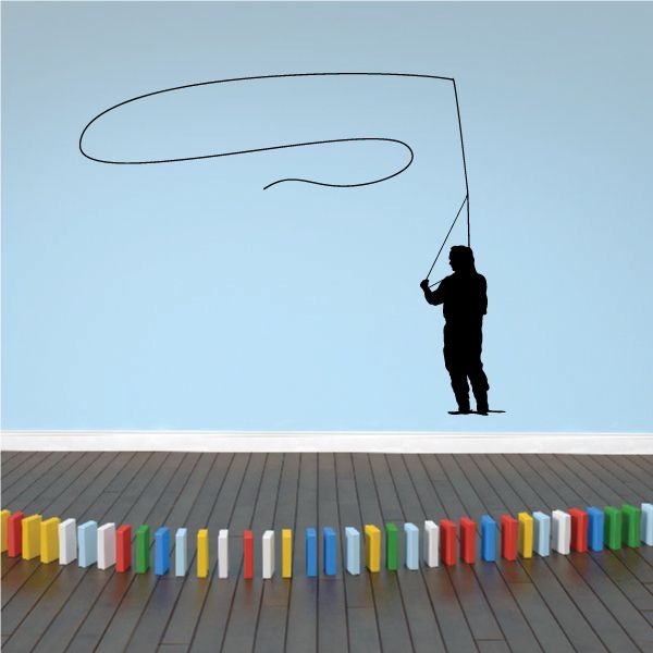 Fishing lure wall decal with curved fishing line and dark fisherman holding a rod