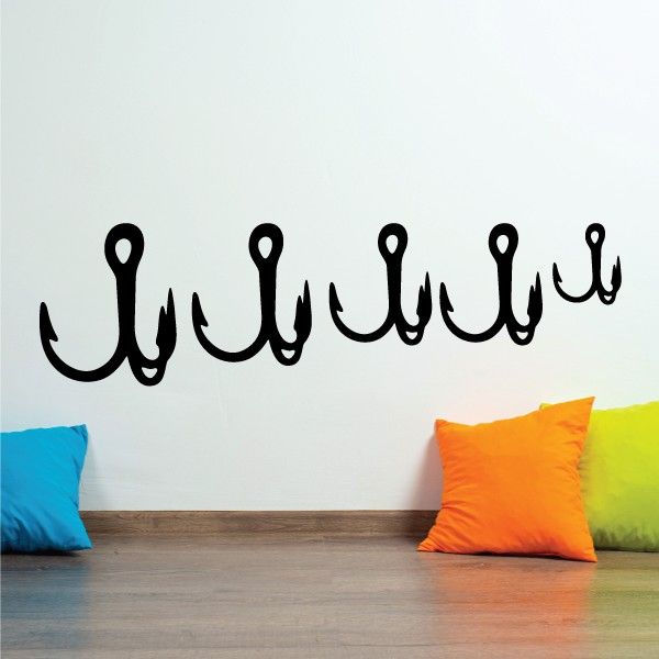 Black multihook fishing decal wall stickers with six hook outlines