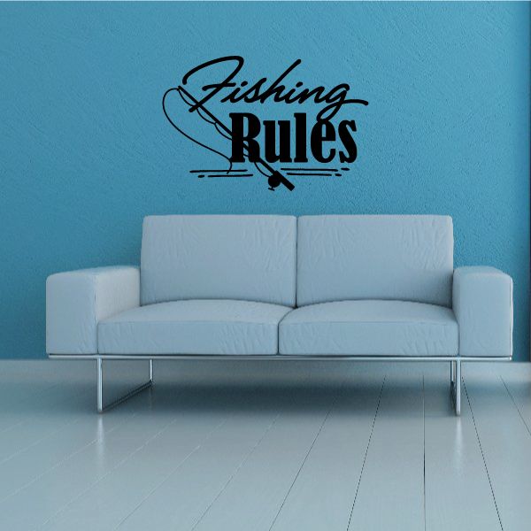 Fishing Rules wall decal with black script and fishing rod icon