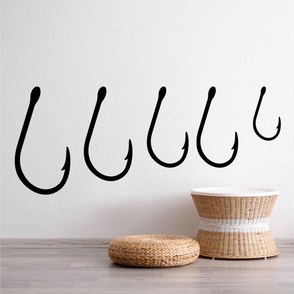 Black fishing hook wall decals, single curved hooks with small barbs