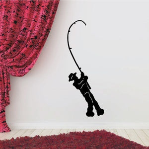 Fishing wall vinyl decal of a black fisherman silhouette with fishing rod