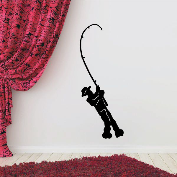 Fishing wall vinyl decal of a black fisherman silhouette with fishing rod