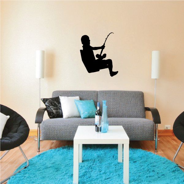 Fishing wall decal of black fisherman silhouette holding fishing rod