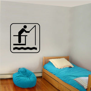 Fishing wall decal: black rectangle icon of a person fishing over water waves