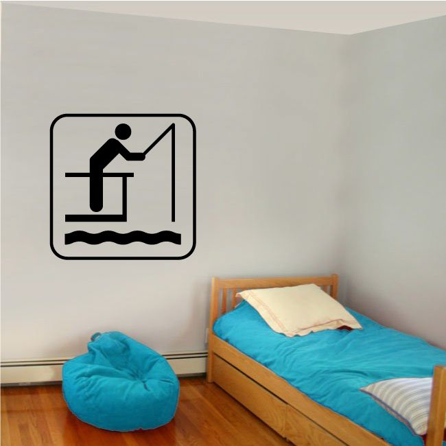 Fishing wall decal: black rectangle icon of a person fishing over water waves