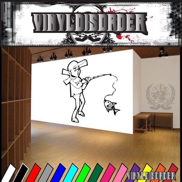 Fishing wall decal vinyl: black fisherman holding fishing rod with fish graphic