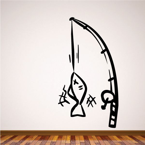 Fishing vinyl wall decal of a black fishing rod with cartoon fish silhouette