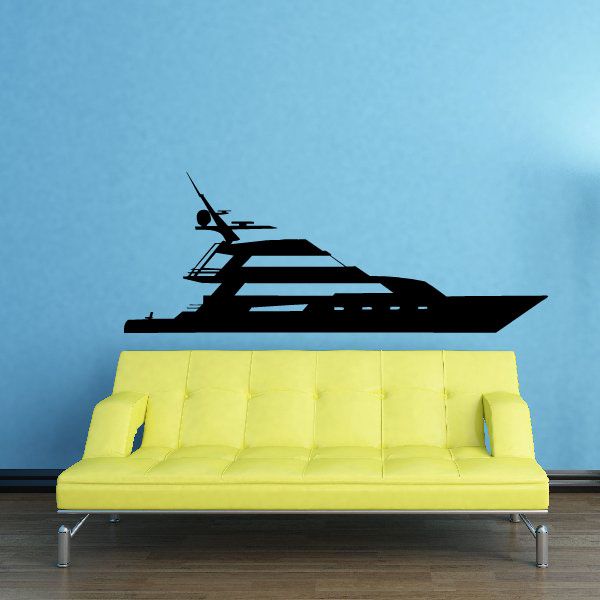 Fishing yacht decal with black silhouette of a fishing boat on a plain surface