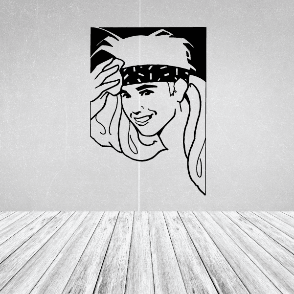 Fitness wall decal vinyl with black-and-white line-art character and raised arms