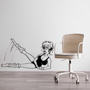 Fitness vinyl wall decal with black line art of seated workout trainer and weights