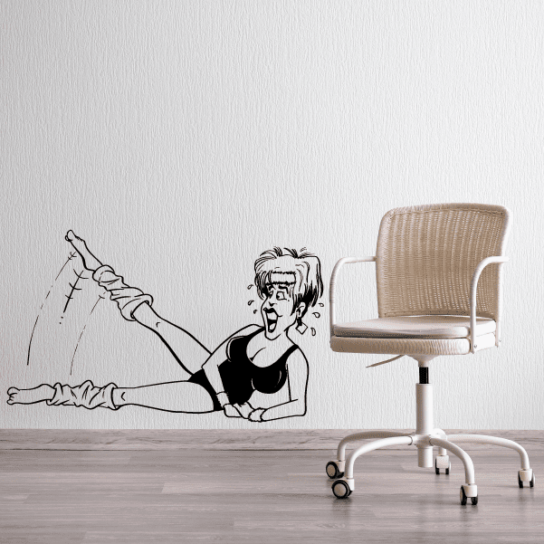 Fitness vinyl wall decal with black line art of seated workout trainer and weights