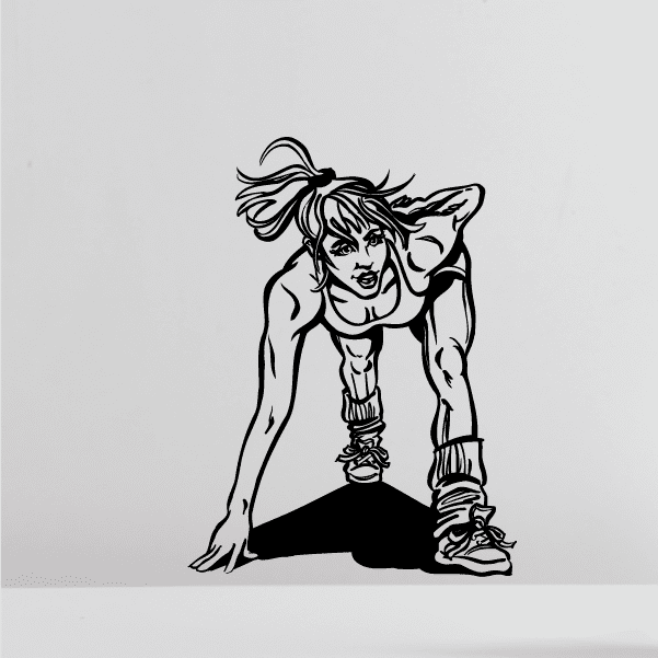 Fitness wall decal vinyl featuring a black line-art kneeling woman exercising