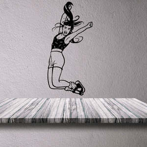Fitness wall decal of a woman stretching in lunge pose, black vinyl silhouette