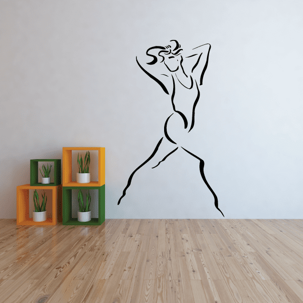 Fitness wall vinyl decal with black line-art woman fitness pose