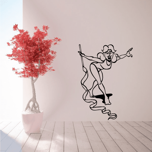 Fitness wall decal of cartoon woman jump roping in black line art