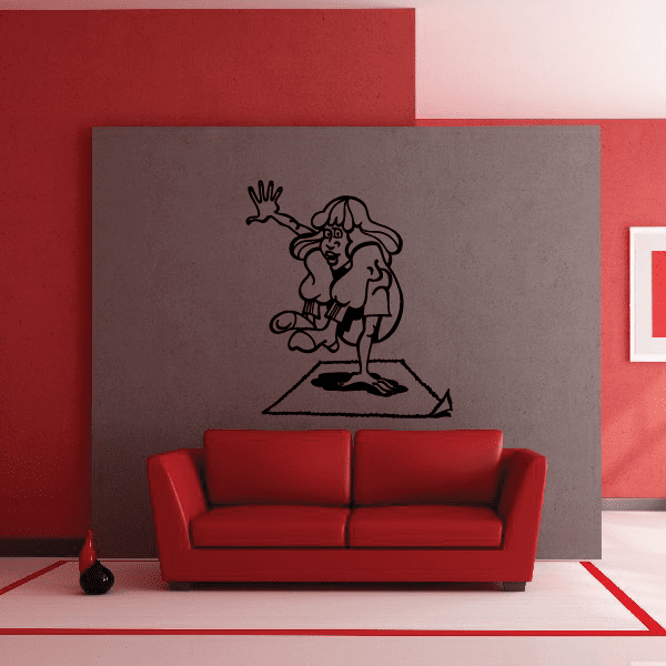 Fitness wall decal of cartoon strongwoman posing on a platform with one arm raised