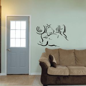 Muscular body fitness wall vinyl decal in black, with dumbbell and motion lines