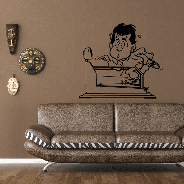 Fitness wall decal of a cartoon man using a weight bench, black and white.