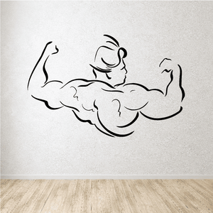 Fitness wall decal of flexing muscular biceps pose, black vinyl outline