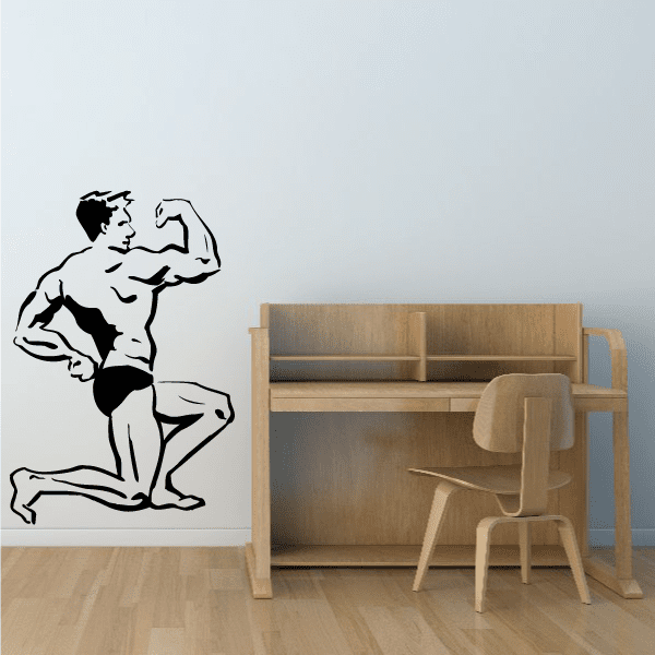 Vinyl fitness wall decal, black bodybuilder flexing arm silhouette