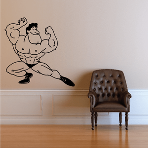 Fitness wall decal with black line-art bodybuilder flexing arms and holding a dumbbell
