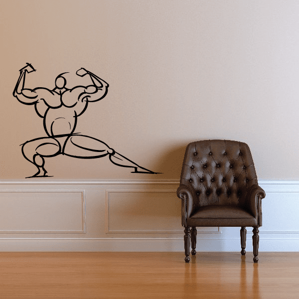 Fitness wall decal: black outline cartoon bodybuilder lifting dumbbell