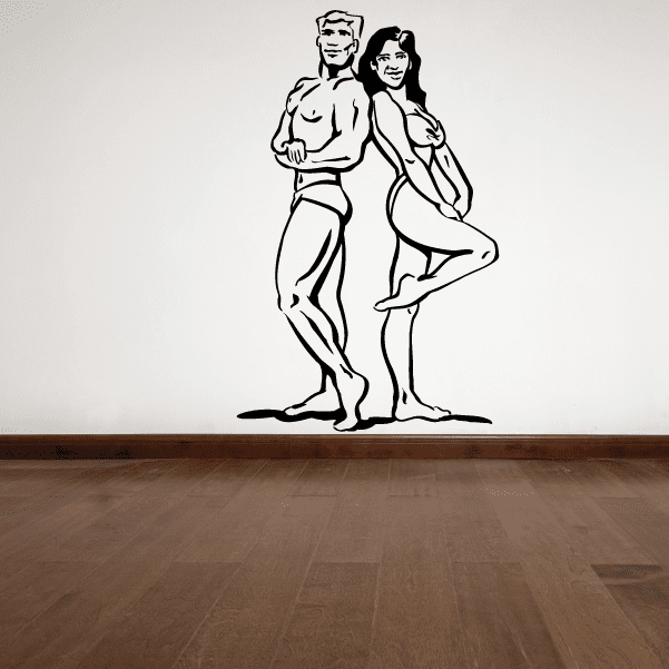 Fitness wall vinyl decal with two people exercising line art, black