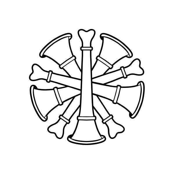 Firefighter horn decal with five horns surrounding a central trumpet