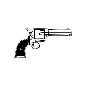 Fixed-cylinder revolver detail decal with black-and-white line art