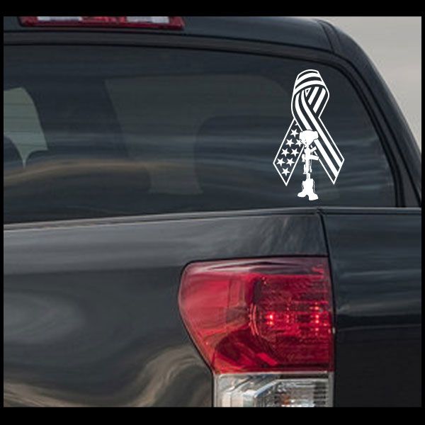 Flag ribbon battlefield cross decal for car, white emblem with black outline