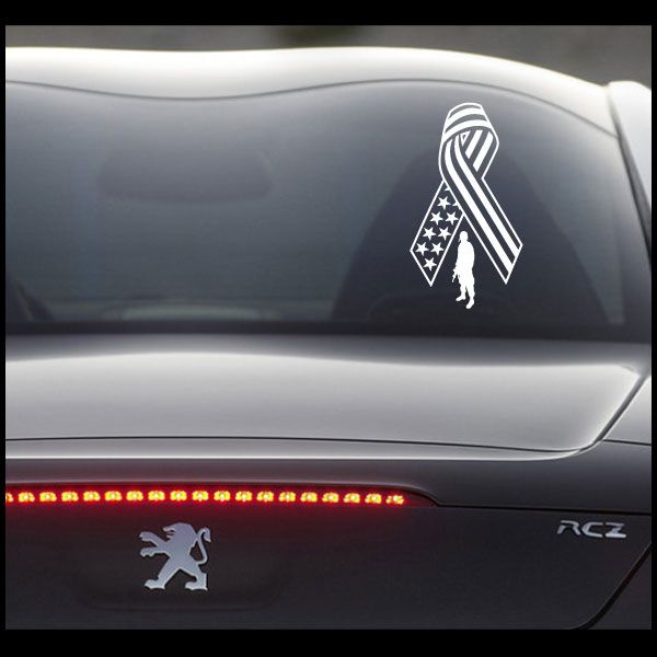 Car hood decal: standing soldier silhouette with patriotic ribbon and stars