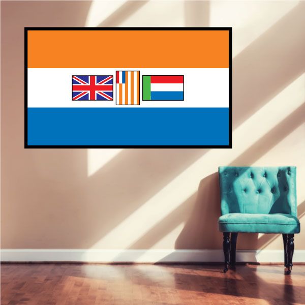Flag sticker with orange, white, and blue stripes and small national flag icons