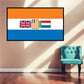 Flag sticker with orange, white, and blue stripes and small national flag icons