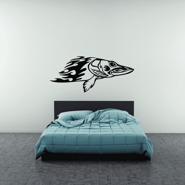 Bass fish flame wall decal, black and white flame body design