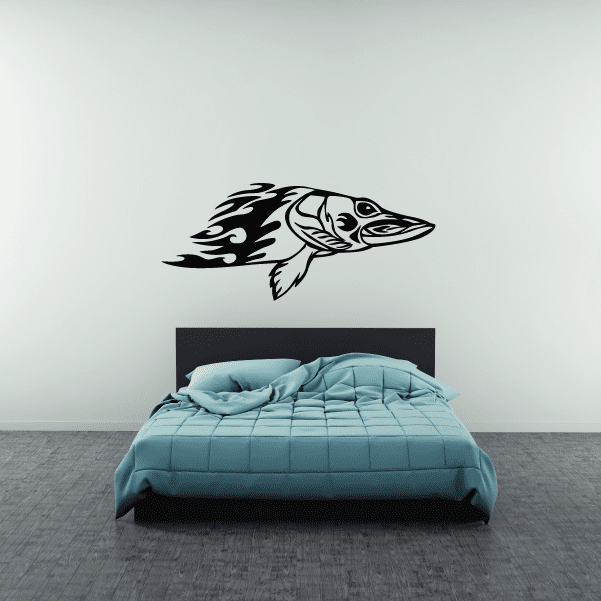 Bass fish flame wall decal, black and white flame body design