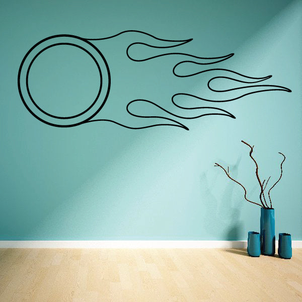Flame outline decals: circular flame border with three flame streaks, black line art.