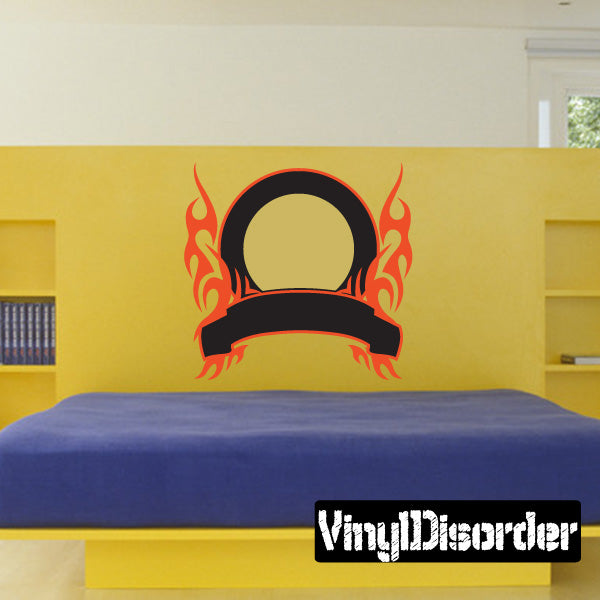 Flame template wall decal with black ring and orange flame accents